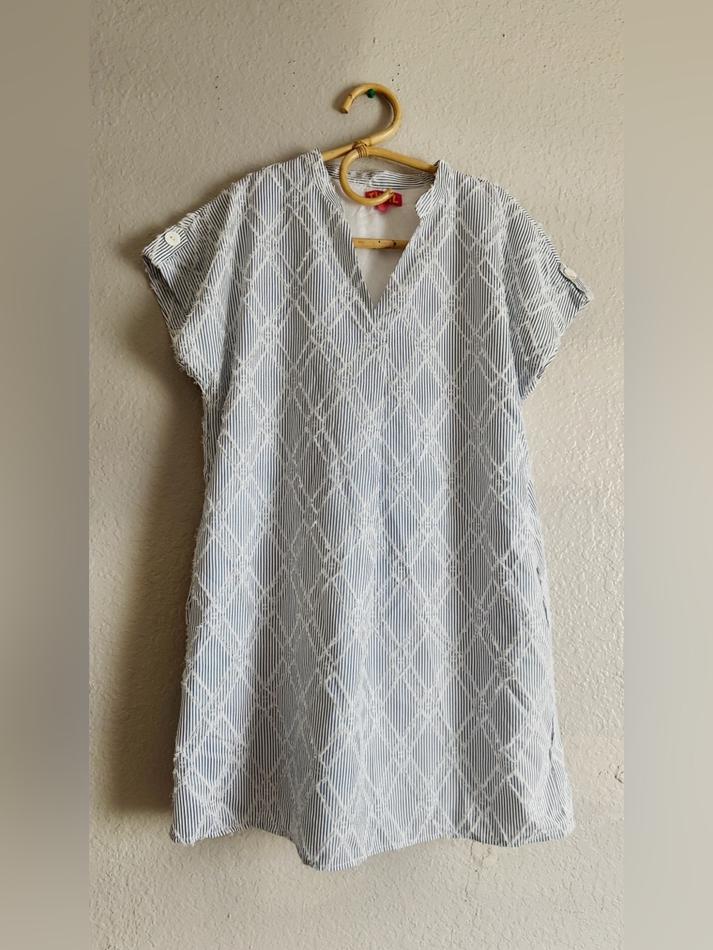 Anthropologie THML Light Blue & White Diamond-Striped V-Neck Tunic